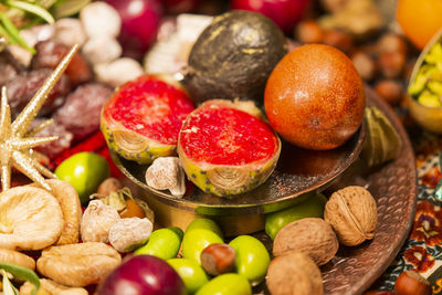 High angle view of fruits in bowl on table