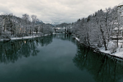 Scenic view of canal against sky during winter