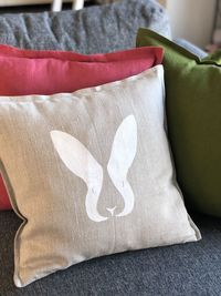 Bunny print on linen pillow, cushion with rabbit print