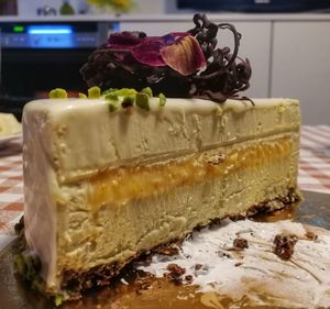 Close-up of cake served on table