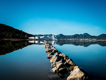 Scenic view of lake against blue sky