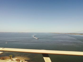 Cropped image of boat in sea against clear sky