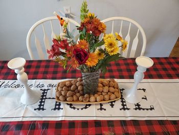 High angle view of flower bouquet on table