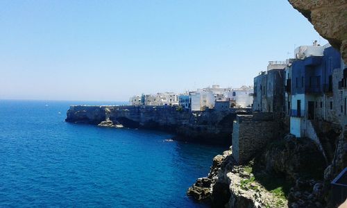 Panoramic view of sea against clear blue sky