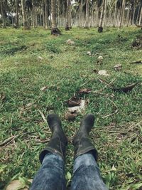 Low section of person standing on grassy field