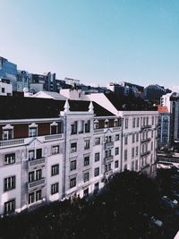 High angle view of buildings against clear sky