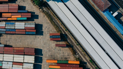 High angle view of train at railroad station