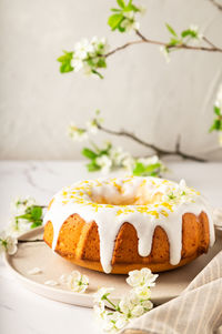 Close-up of cake served on table