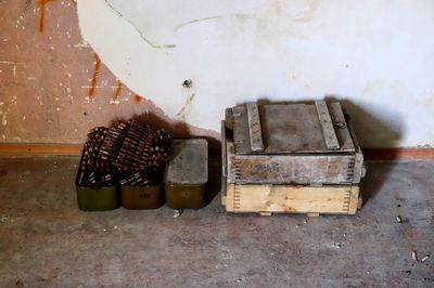 High angle view of rusty metal on table