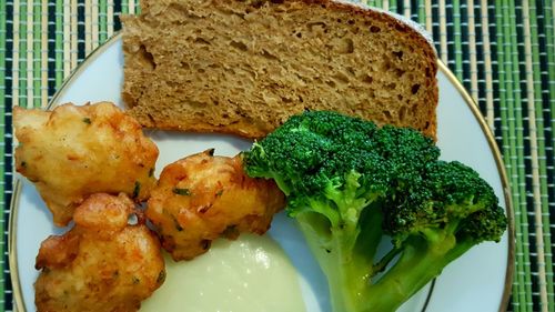 Close-up of food served on table