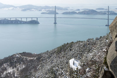 Scenic view of sea against mountain range