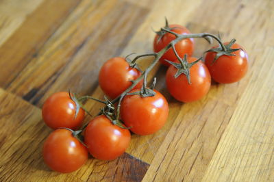 High angle view of tomatoes on table