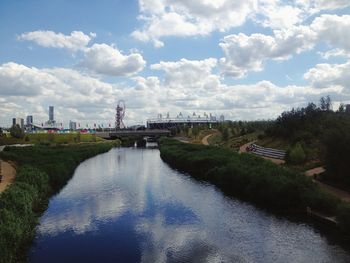 Bridge over river with buildings in background