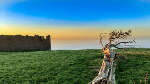 Scenic view of land against sky during sunset