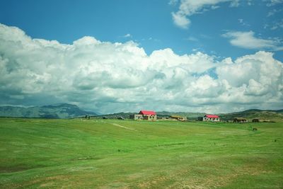 Houses on field against sky