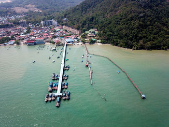 High angle view of ship in sea