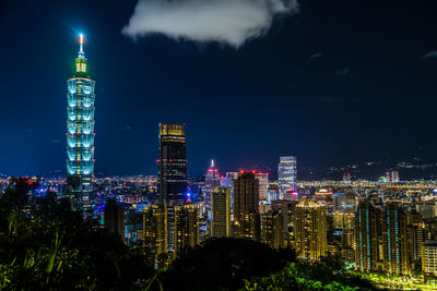 Illuminated buildings in city at night