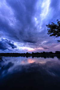 Scenic view of calm lake against cloudy sky