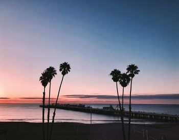 Silhouette palm trees on beach against clear sky at sunset