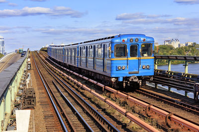 Railway track of the metro bridge in kyiv on which the metro train rushes.