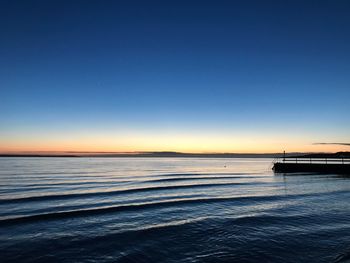 Scenic view of sea against clear sky at sunset