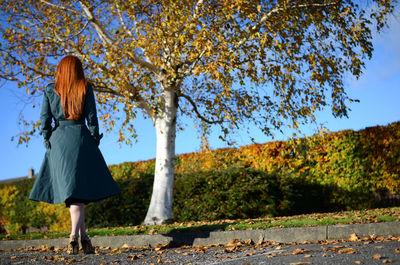 Rear view of woman walking in forest