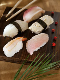 High angle view of sushi on table