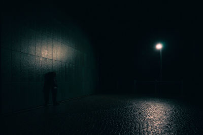 Rear view of man walking in tunnel