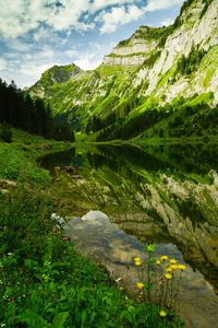 Scenic view of lake by mountains against sky