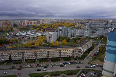 High angle view of road and buildings in city