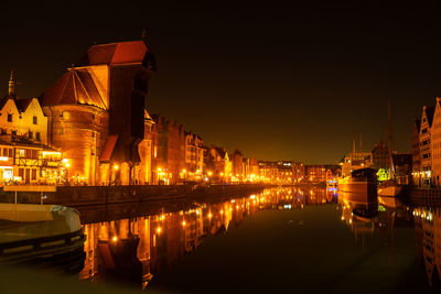 Old town in gdansk at night. the riverside on granary island reflection in moltawa river cityscape