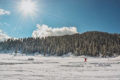 Scenic view of snowcapped mountain against sky during winter