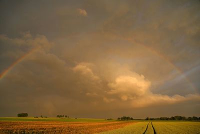 Scenic view of field against cloudy sky