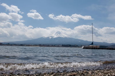 Scenic view of sea and snowcapped mountains against sky