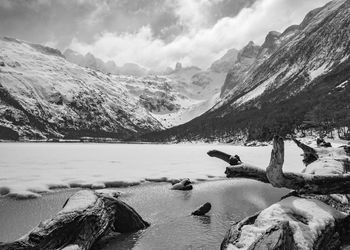 Scenic view of lake and snowcapped mountains against sky