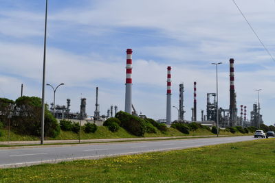 Road by factory against sky