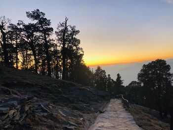 Footpath amidst trees against sky during sunset