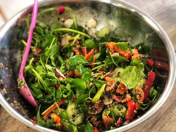 High angle view of chopped vegetables in bowl on table