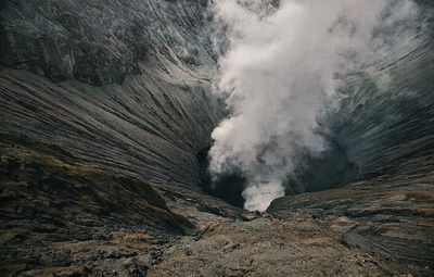 Smoke emitting from volcanic mountain