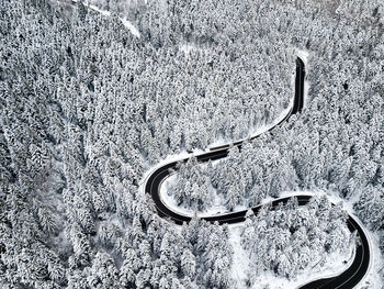 High angle view of snow covered land