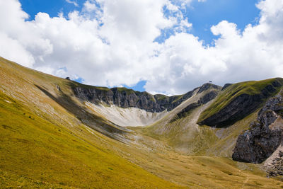 Panoramic view of landscape against cloudy sky in frontignano, marche italy 