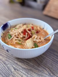 Close-up of soup in bowl on table