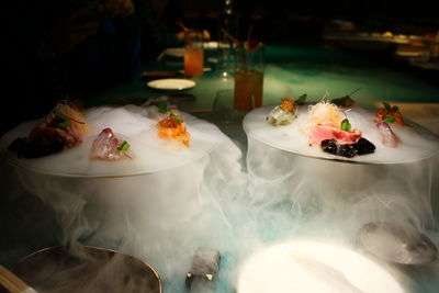 Fresh sushi served on dry ice