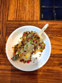 High angle view of food in bowl on table