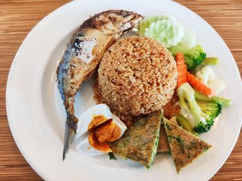 High angle view of breakfast served on table