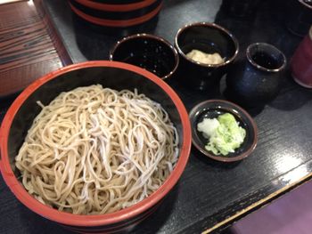 High angle view of noodles in bowl on table