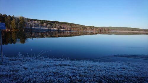 Scenic view of lake against clear blue sky