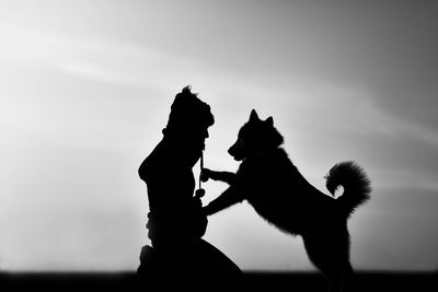 Silhouette dog and woman playing against sky