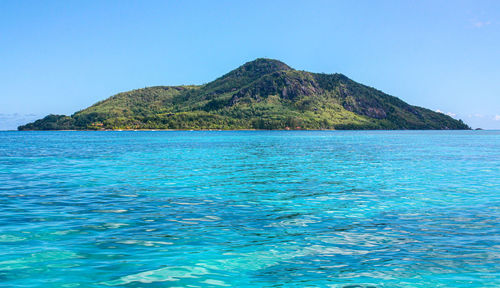 Scenic view of sea against clear blue sky