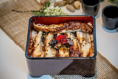 High angle view of breakfast served on table